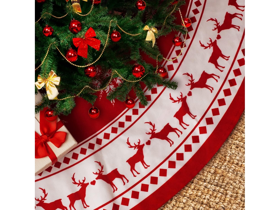Falda para árbol de Navidad de 81 cm, roja con renos y copos de nieve, decoración rústica grande para fiestas de invierno y Año Nuevo.