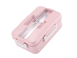 Fiambrera Térmica Con Compartimentos, 1000 Ml, Material Seguro, Portátil, Rosa, Con Cuchara Y Palillos.