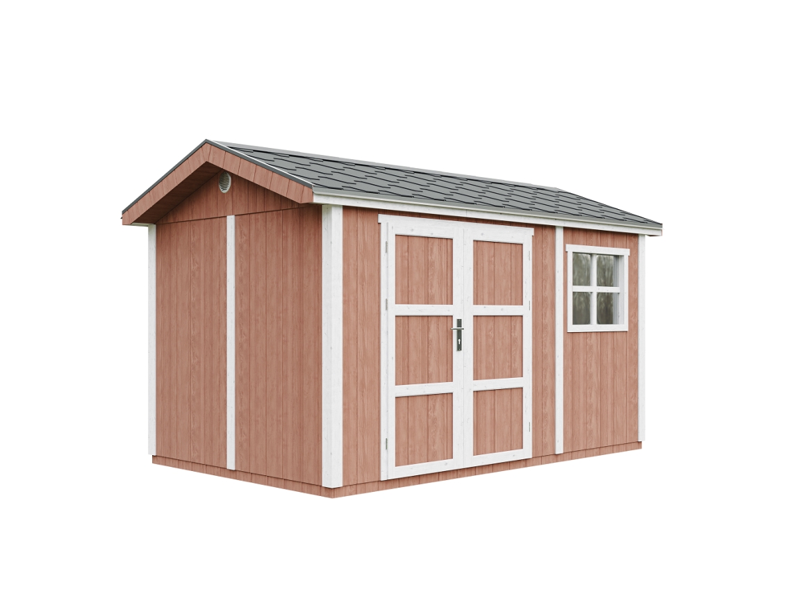 Caseta de jardín de primera calidad de 8,68 m² (alto x ancho x alto): 252 x 250 x 412 cm, con suelo y baldosas bituminosas Timbela M914a Redwood Red