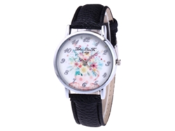 Reloj De Mujer Zhoulianfa Geneva, Correa De Cuero, Cuarzo, Estampado De Margaritas, F-458a, Negro.
