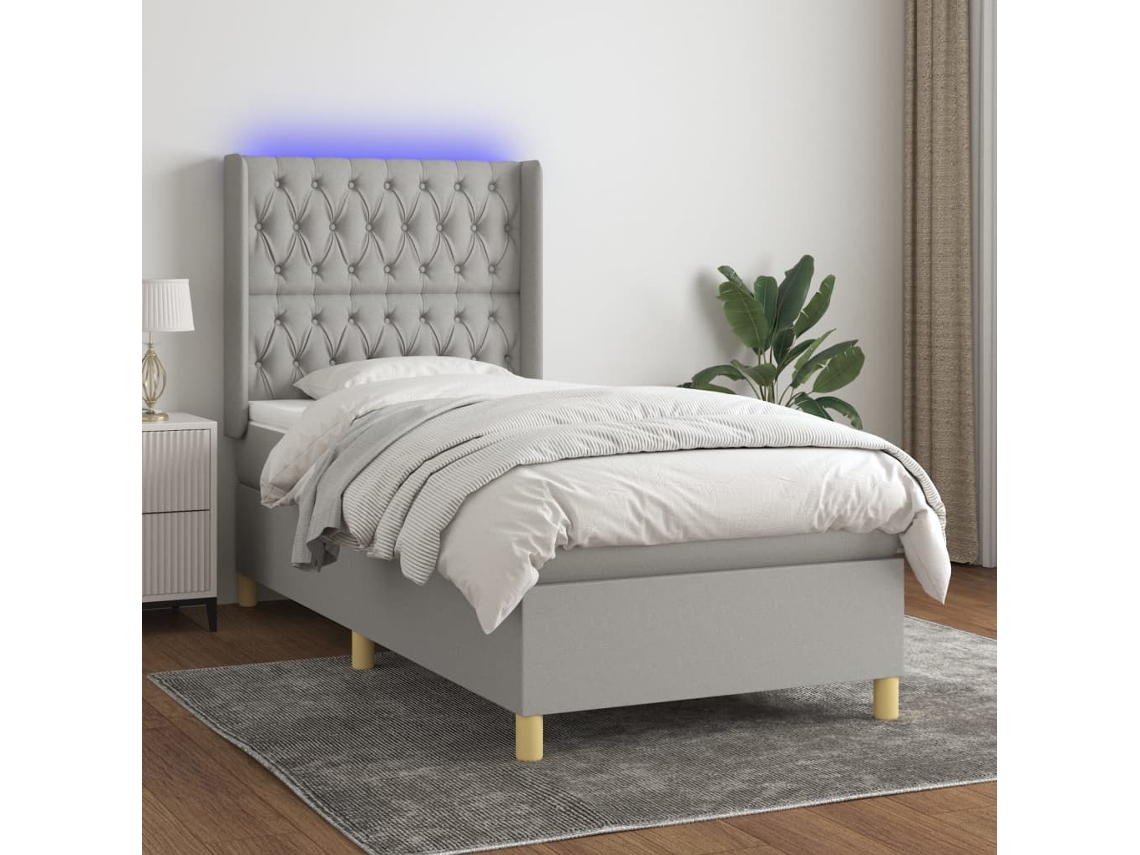 Cama box spring colchón y luces LED tela gris claro 90x200 cm