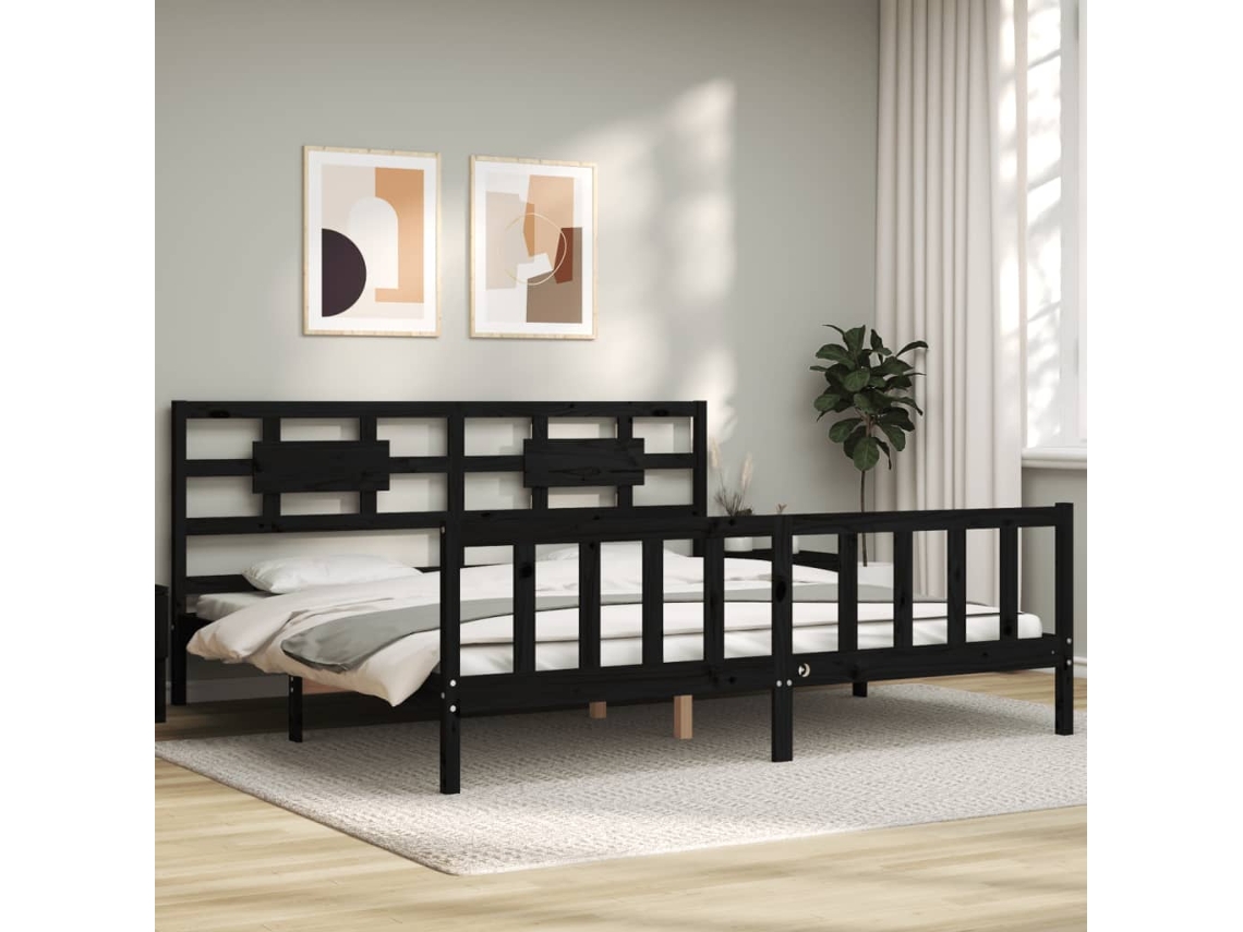 Estructura De Cama Con Cabecero Madera Maciza Negro 200x200 Cm