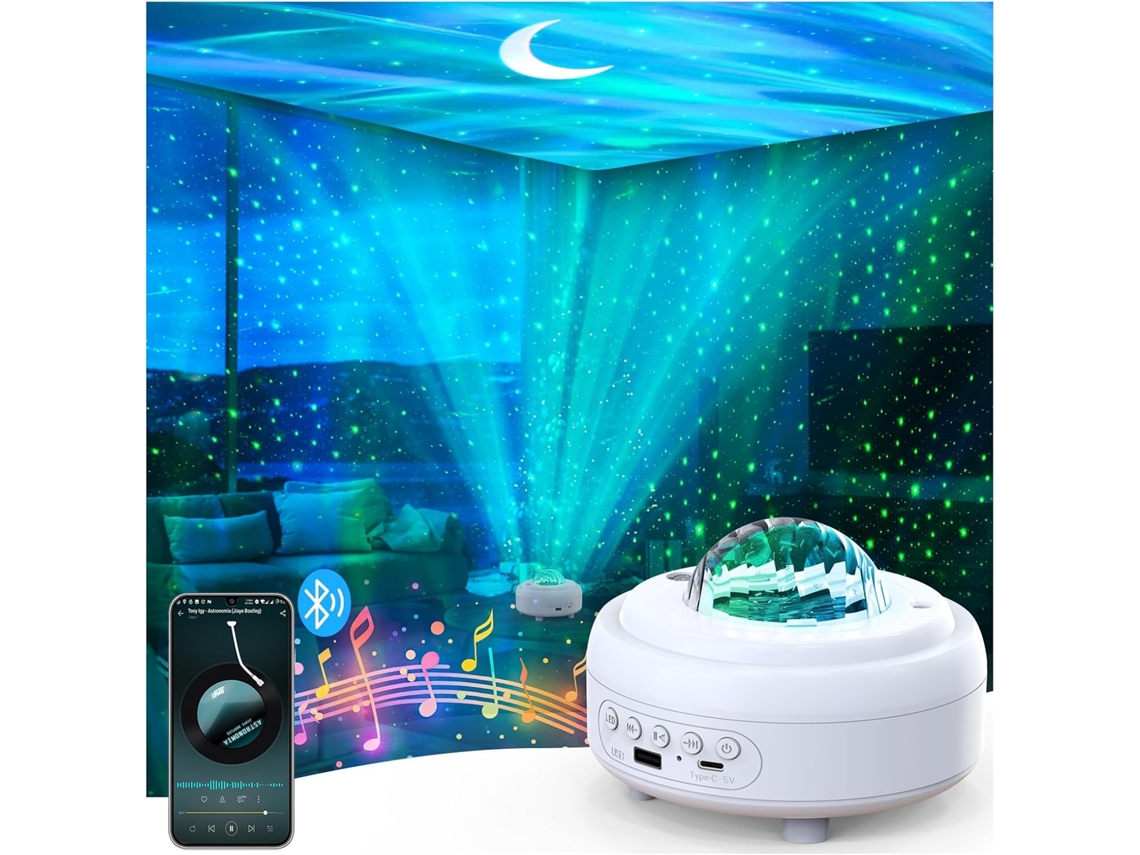 Proyector Galaxy con altavoz Bluetooth, proyector de luz nocturna de estrellas para dormitorio, 8 modos de luz (blanco)