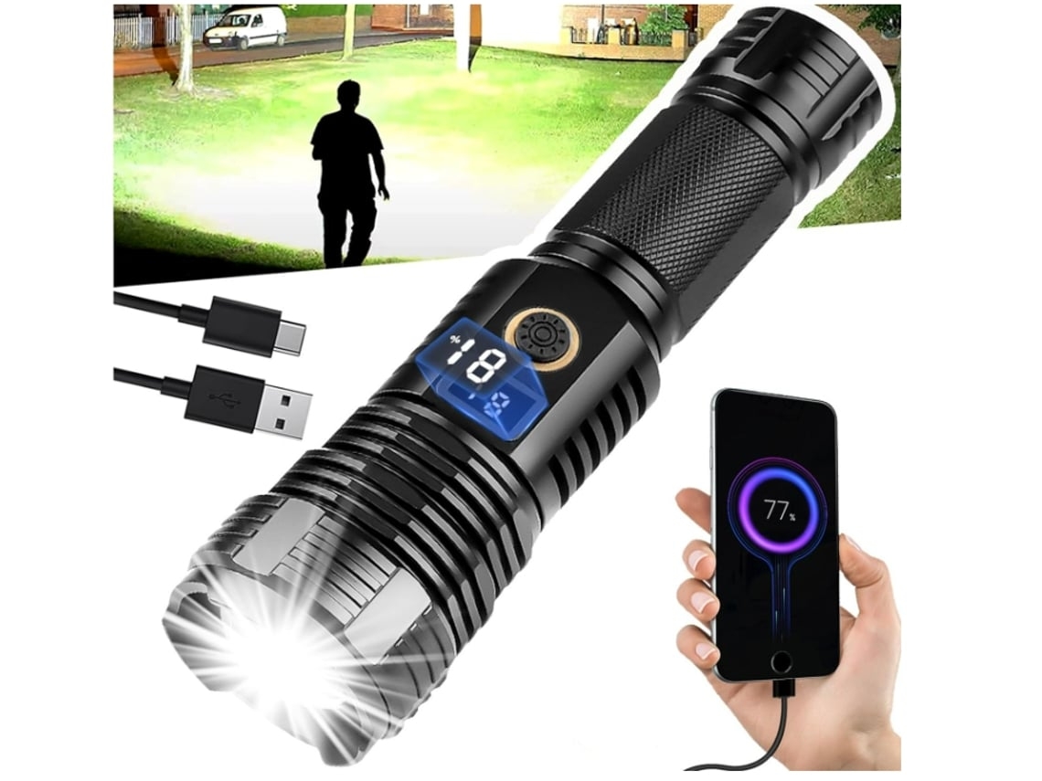 Linterna LED Recargable Super Brillante Antorcha con Zoom Táctico de Alto Lumen Impermeable 90000 Lúmenes 5 Modos Negro YEMAESRE
