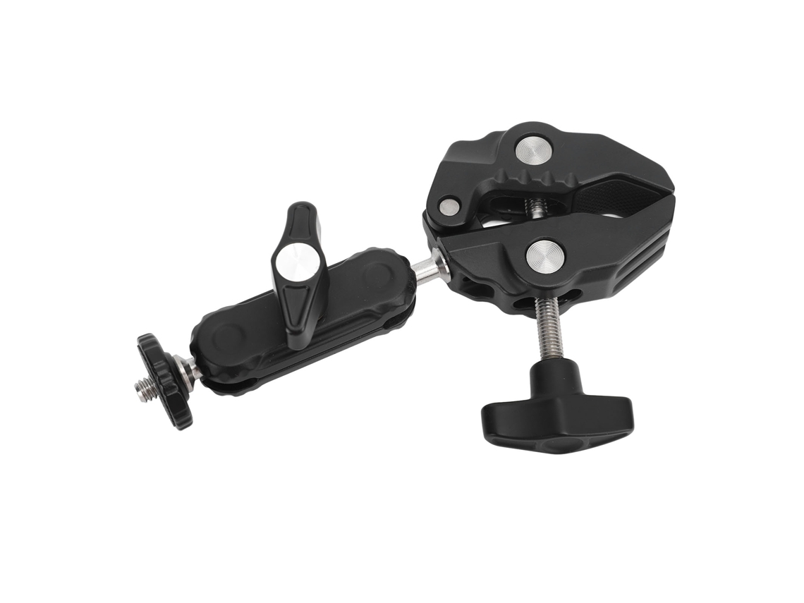 Soporte multifuncional para cámara con dos abrazaderas y rótula, brazo mágico y adaptador para rótula.