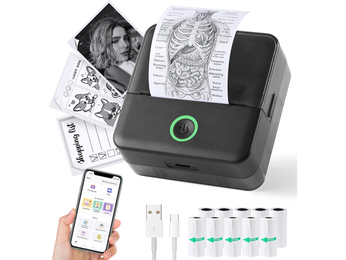 La impresora térmica portátil Siurn incluye 10 rollos de papel y es compatible con iOS y Android.