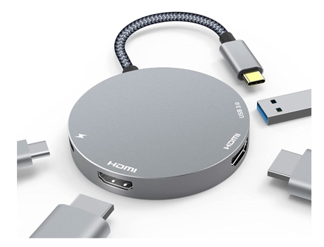 Adaptador USB C a HDMI dual, tipo C/Thunderbolt 3 a adaptador de monitor dual 4K, USB C 4 en 1 a HDMI con 2 puertos HDMI, plateado BISBISOUS