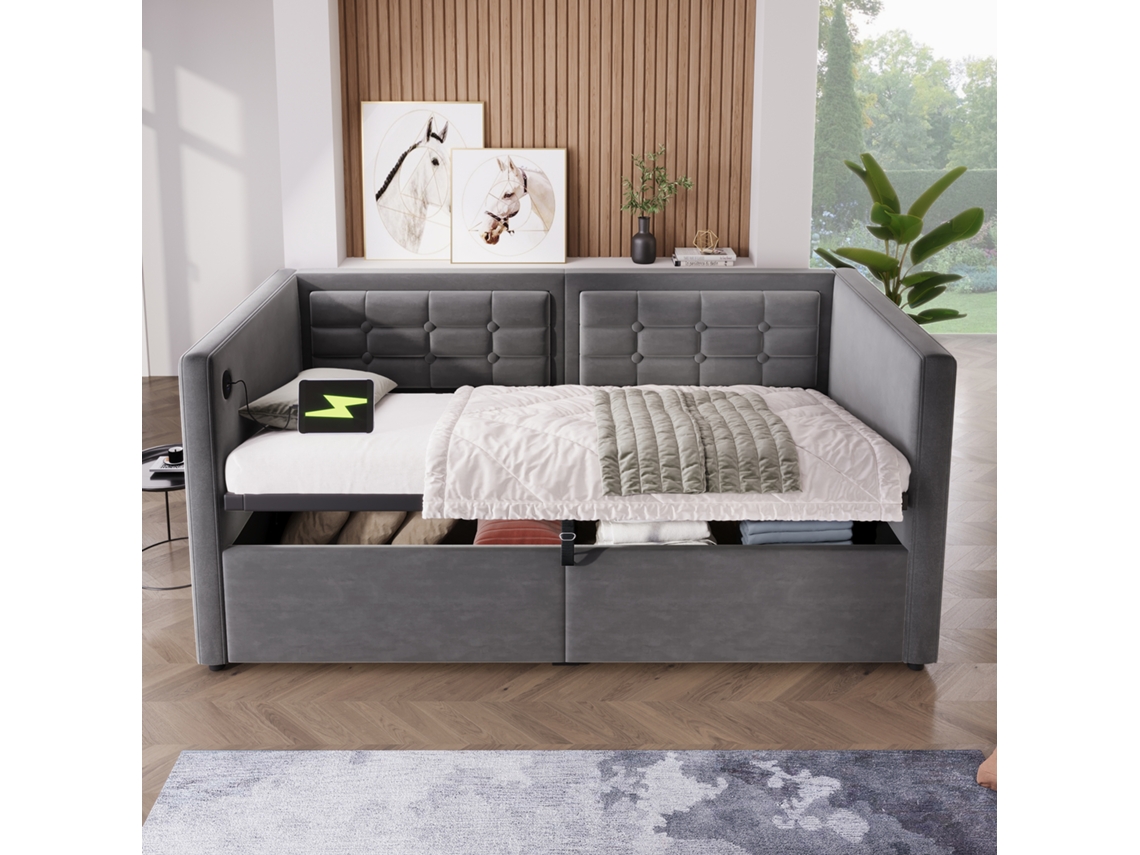Sofá Cama Tapizado 90x200 Cm, Sofá Cama Individual Con Almacenaje Hidráulico Y Estación De Carga Usb Type-c, Gris, Sin Colchón.