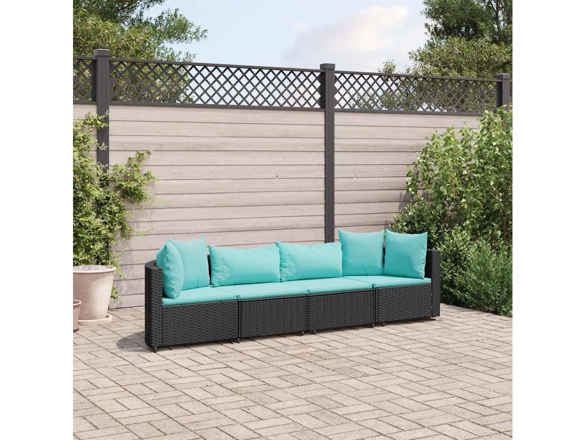 Conjunto de sofá de jardín de 4 piezas con cojines, mimbre sintético negro, Dkd Home Decor