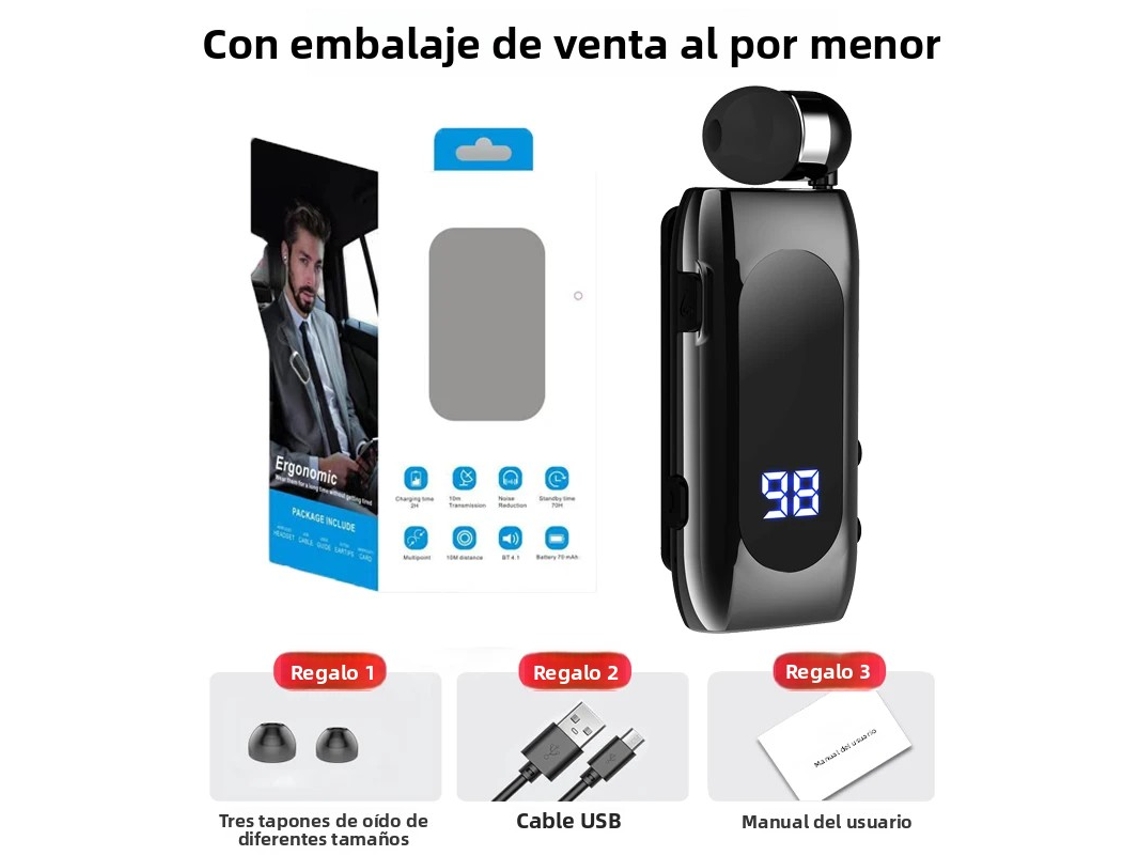 (negro A) Auriculares Inalámbricos Bluetooth Manos Libres Para Coche Con Micrófono, Batería De 20 Horas De Duración