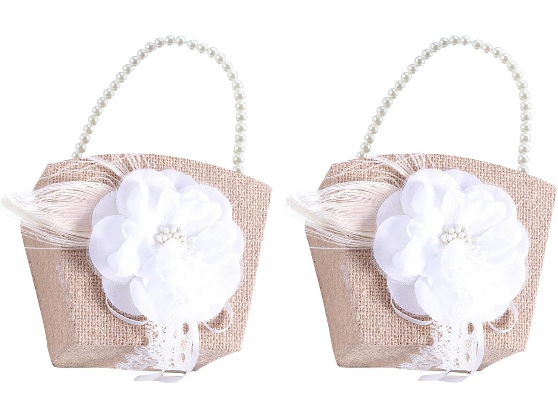 2 Piezas, 2 Piezas Elegantes Cestas De Mano Con Perlas Cesta Pequeña Con Asa Para Decoraciones Y Ce