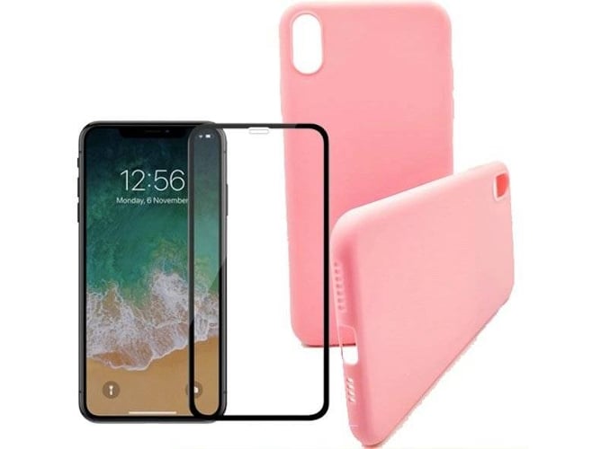Kit Funda y Protector de Cristal 5D Full Cover iPhone XS Max Silicona Rosa