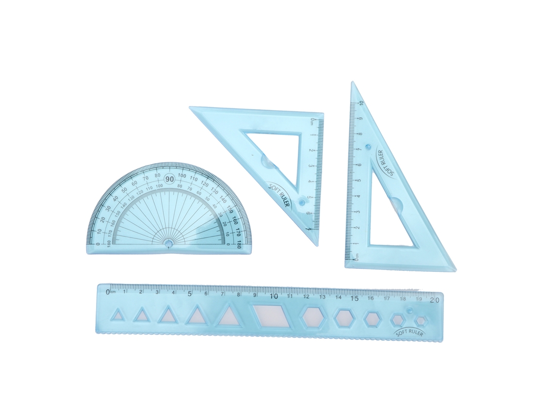 Kit De Reglas De 4 Piezas De Plástico Suave Transparente Azul Para Medir Longitudes Y Ángulos, Herramientas Para Niños Y Estudiantes
