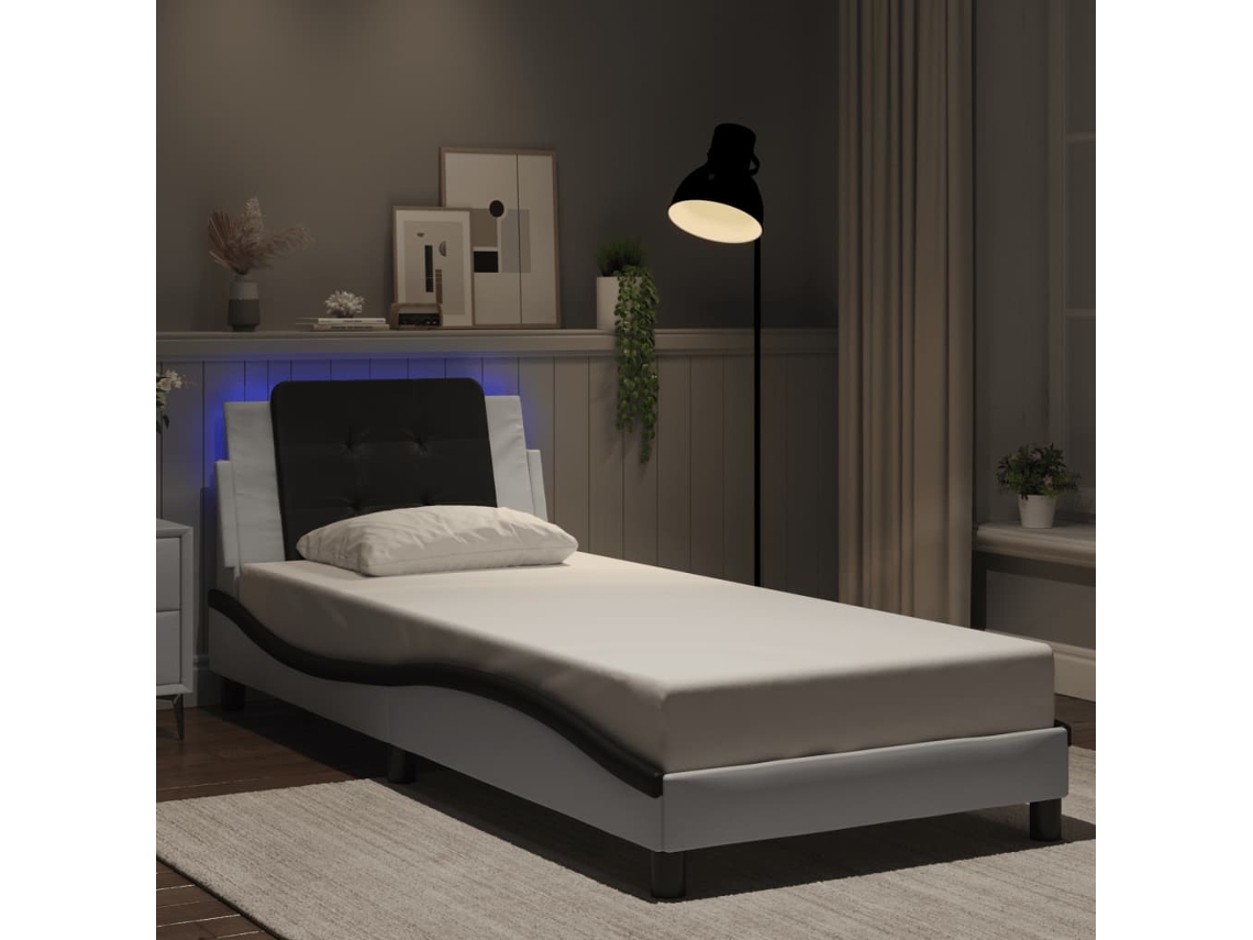 Estructura Cama Con Led Cuero Sintético Blanco Negro 90x200 Cm