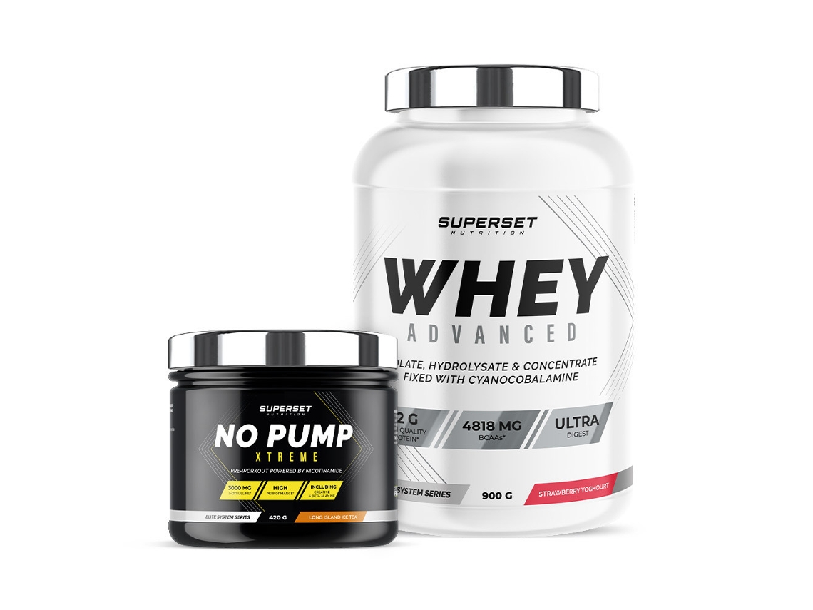 Programa de acondicionamiento físico energético 100 Whey Protein Advanced 900 g Yogur de fresa No Pump Xtreme Long Island Icetea Superset Nutrition