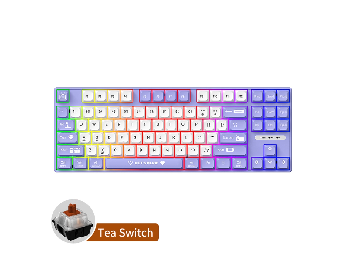 Teclado para juegos con cable Ajazz AK870MC Tea Switch de color morado y blanco, teclado de oficina para hacer uno mismo