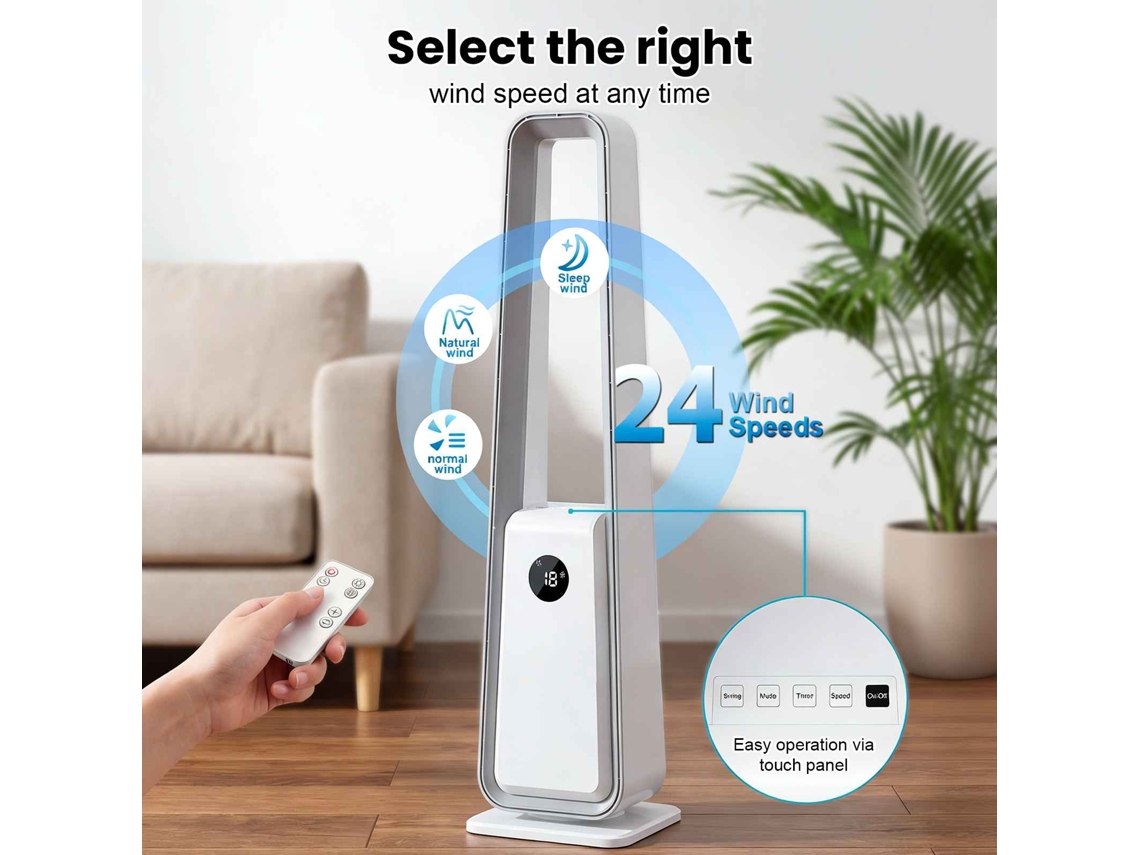 Ventilador De Torre Sin Aspas Blanco 36w 24 Velocidades Oscilación 75° Silencioso Con Mando