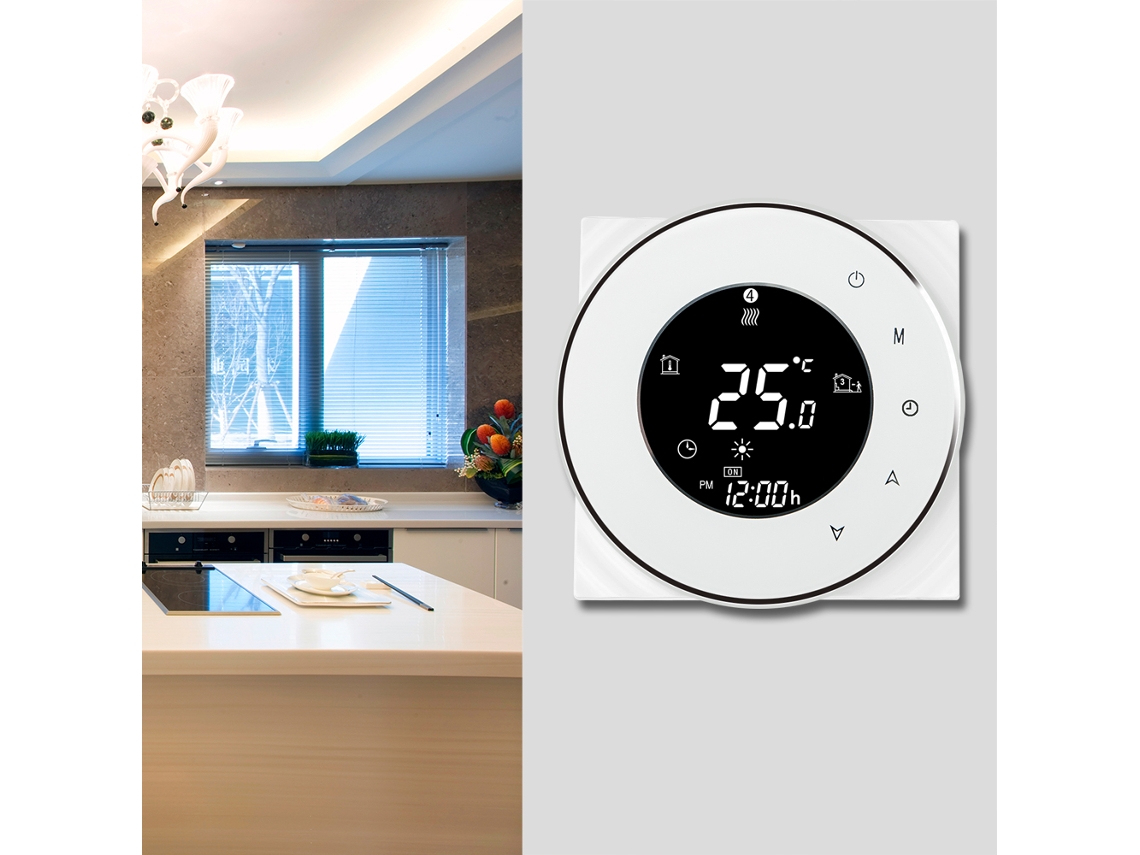 Termostato inteligente Wi-Fi para calentamiento de agua con aplicación, control por voz y pantalla LCD retroiluminada.