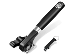 Abrelatas Rebe actualizado con mango antideslizante, borde liso, acero inoxidable, ergonómico, negro.