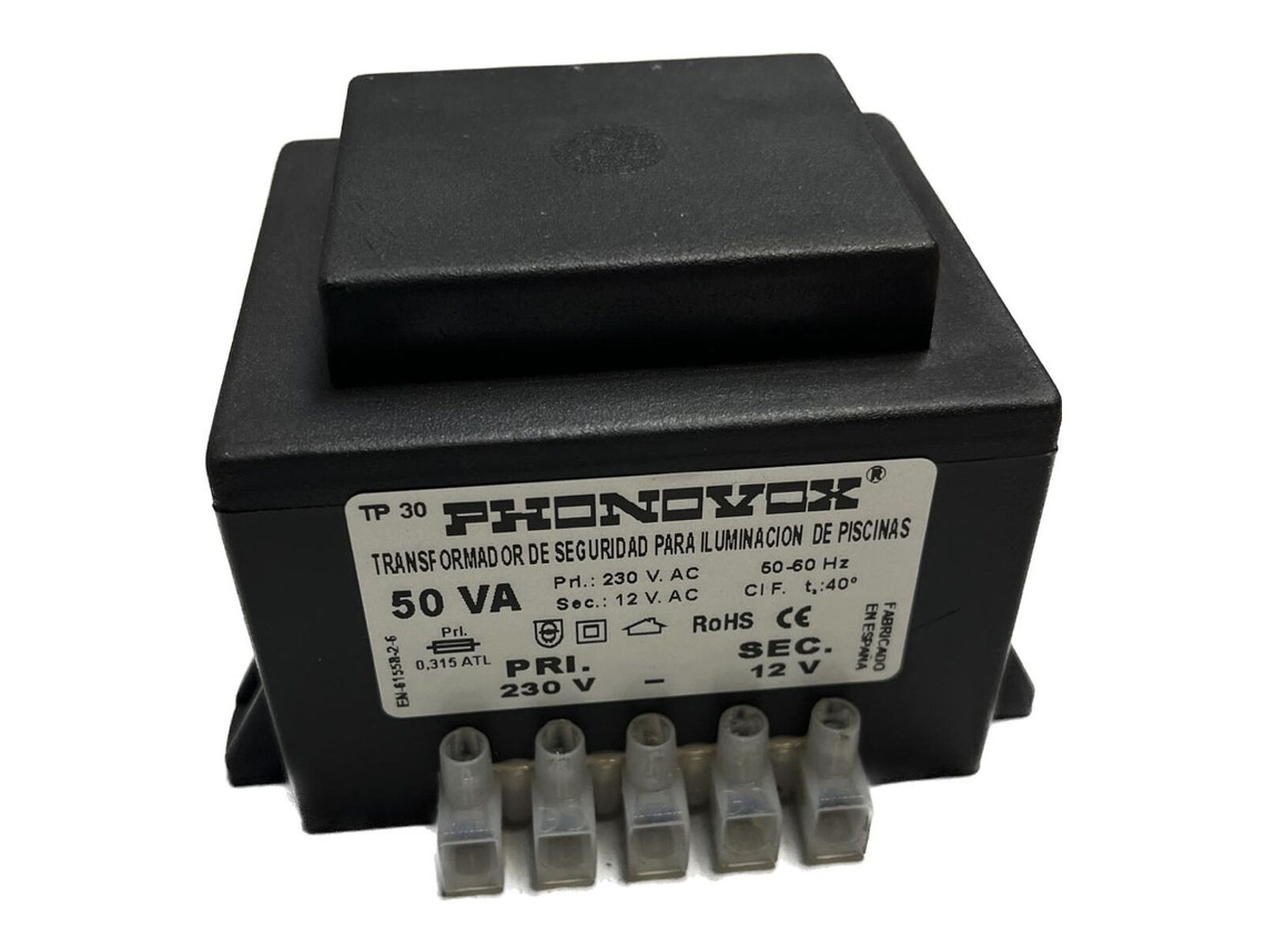 Transformador de seguridad para iluminación de piscinas PHONOVOX tp31050 50 VA 12 V 230 V 50-60 Hz 9,8 x 7,9 x 6,4 cm