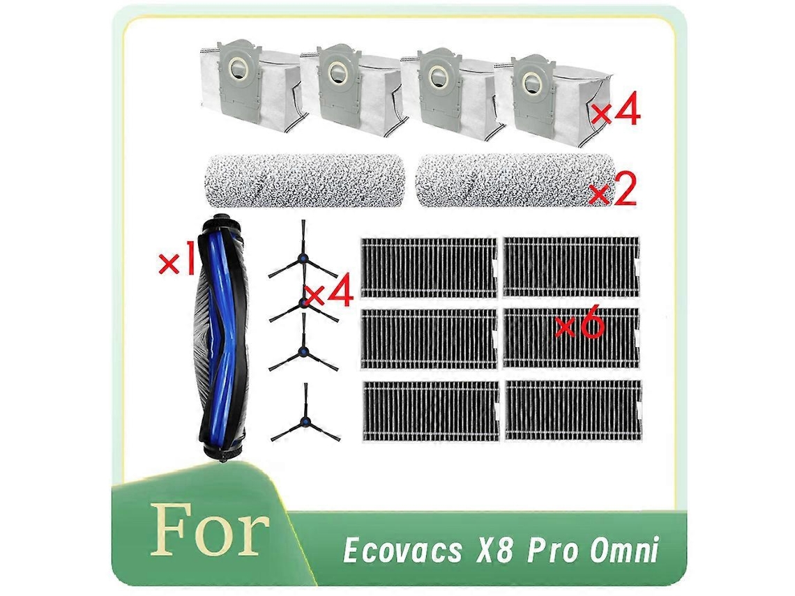 Conjunto de 17 peças para aspirador robô X8 Pro Omni: escova principal, lateral, esfregão, filtro e sacos de pó.