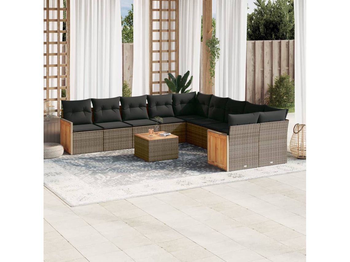 Conjunto de sofá de jardín de 11 piezas con cojines, ratán gris, DKD Home Decor