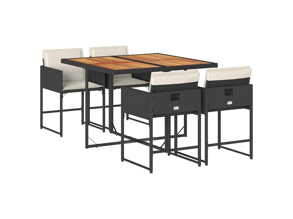 Juego de 5 piezas de comedor de jardín con cojines de mimbre, color negro, EXCLUSIVA DE LA CASA