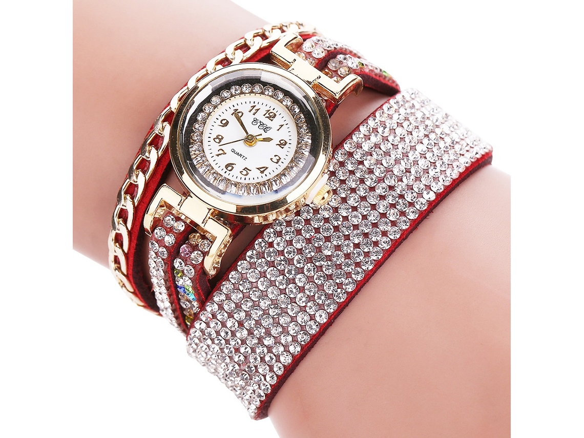 Reloj De Pulsera De Cuarzo Para Mujer, Gamuza Multicapa Con Diamantes De Imitación, Color Rojo.