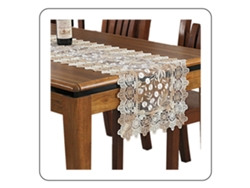 Mantel rectangular de poliéster con encaje bordado y estampado floral para decoración de comedor y mesa auxiliar.