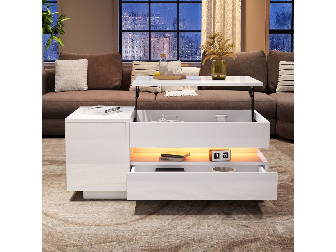 Mesa De Centro Elevable De 95*50*34,5 Cm, Con 1 Cajón, 1 Armario, Con Led Y Espacio De Almacenamiento Oculto.