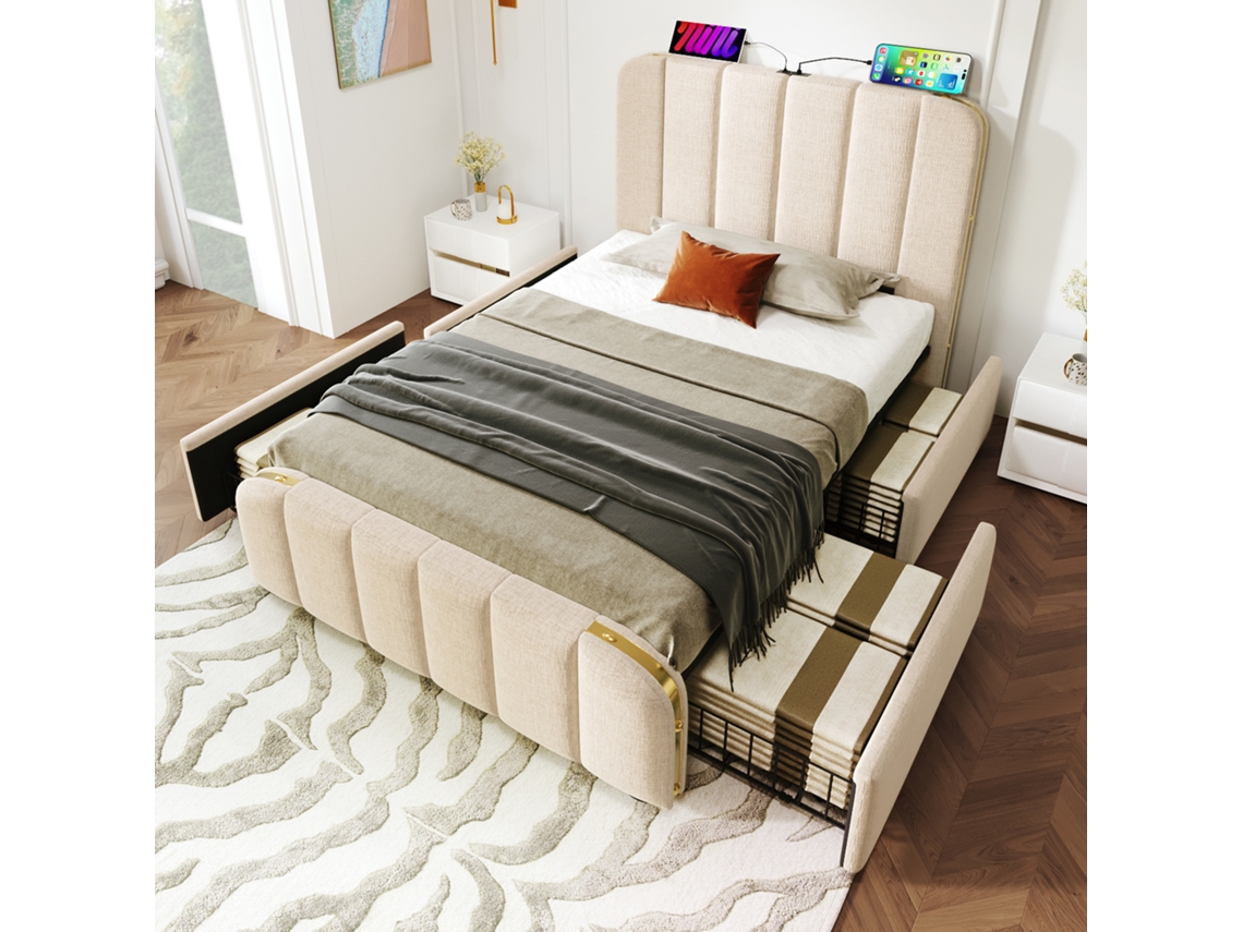 Cama Tapizada Individual 90x200cm Con Cargador Usb-c, Decoración Rayas Doradas, 4 Cajones, Sin Colchón, Lino Beige