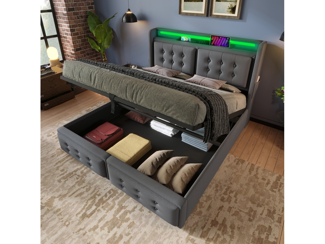 Cama Acolchada De 180 X 200 Cm Con Cabecero Led, Usb-c, Estructura De Metal, 300 Kg, Gris, Algodón