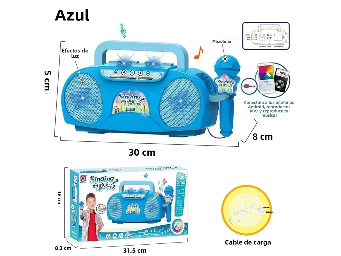 (Azul) Máquina de Karaoke con Micrófono, Radio, Altavoz y Función Karaoke.