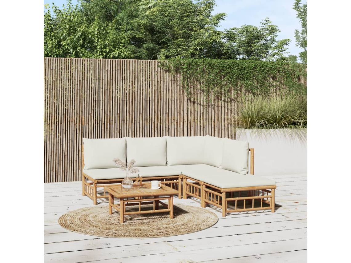 Conjunto de jardín de bambú de 6 piezas con cojines en blanco crema, Dkd Home Decor