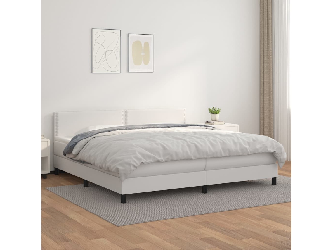 Cama Box Spring Con Colchón Cuero Sintético Blanco 200x200 Cm
