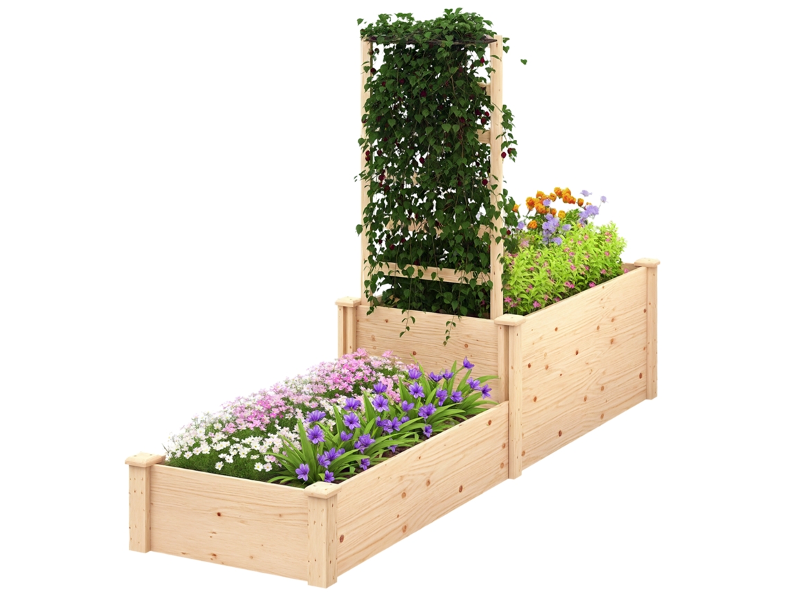 Jardineira Elevada com treliça de madeira para plantas trepadeiras e 2 caixas de cultivo (222x63x132 cm) Cor Natural S/MARCA