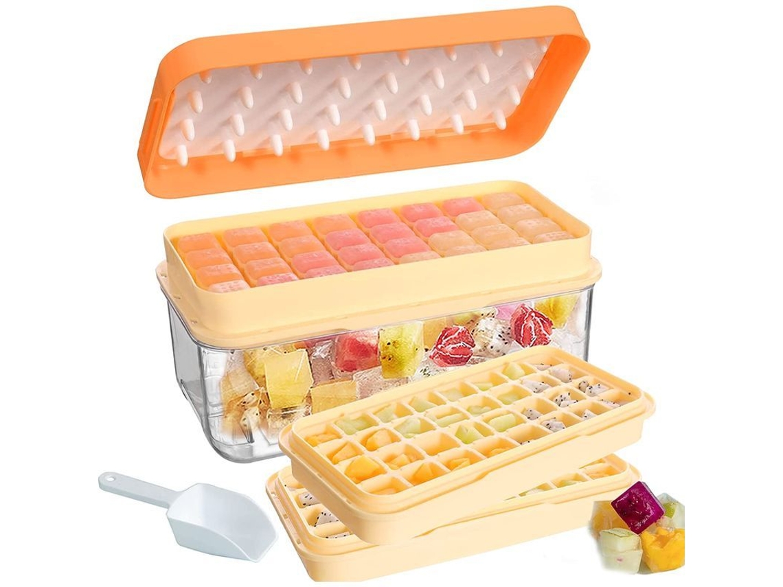 Juego para hacer cubitos de hielo con 2 moldes, caja hermética, cuchara y tapa amarilla para congelador.