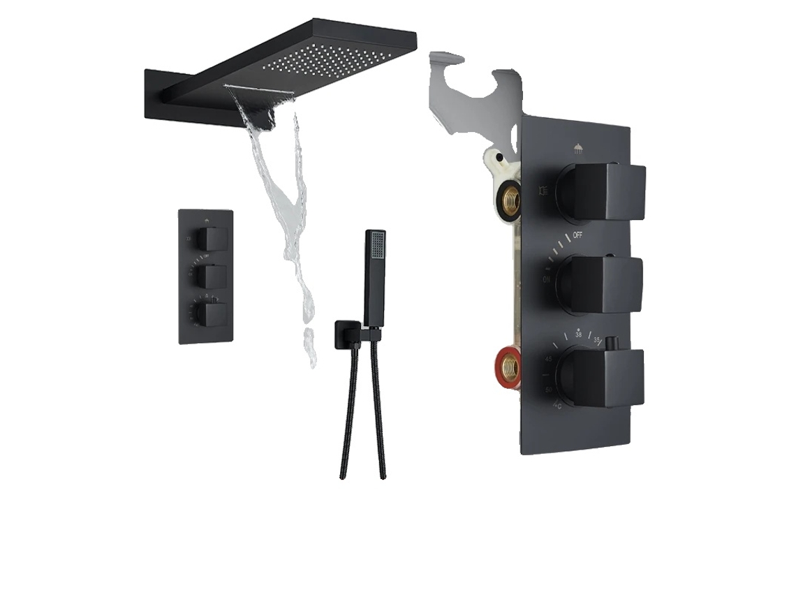 Sistema de ducha termostático, estilo contemporáneo, doble control, color negro B OEM