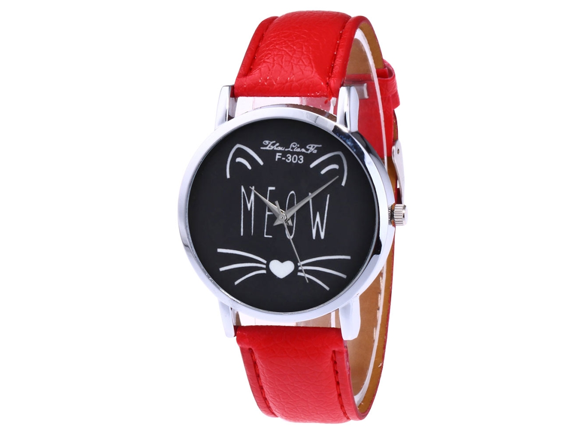 Reloj De Pulsera De Cuarzo Para Hombre/mujer Con Estampado De Gato Y Correa De Cuero Rojo Brillante.