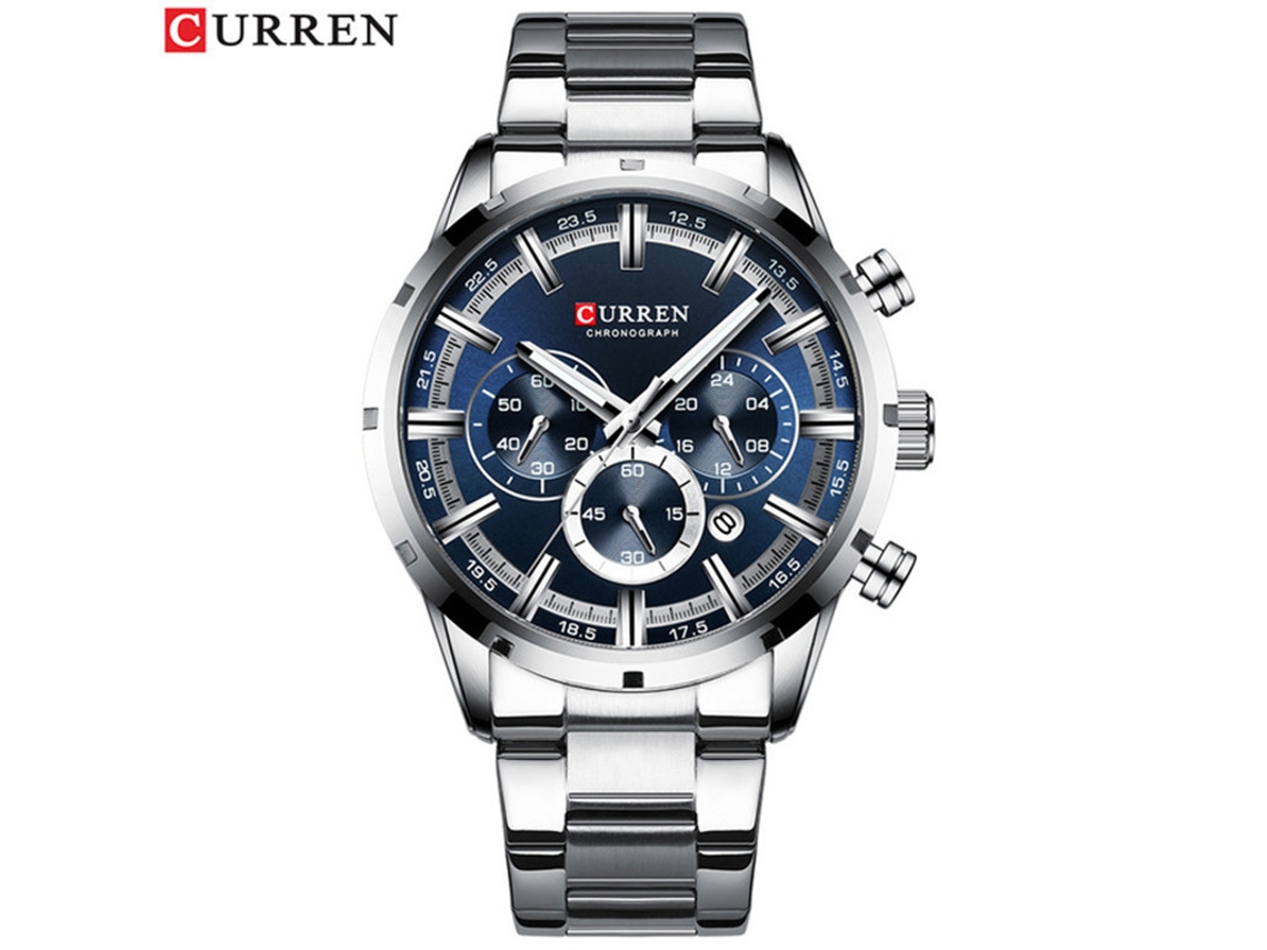 Reloj de pulsera moderno MDUG para hombre, resistente al agua, multifuncional, con brazalete de acero inoxidable, seis manecillas y esfera azul plateada.