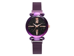 Reloj De Pulsera De Cuarzo Para Mujer Con Correa De Aleación Y Esfera Morada Con Diseño De Cielo Estrellado.