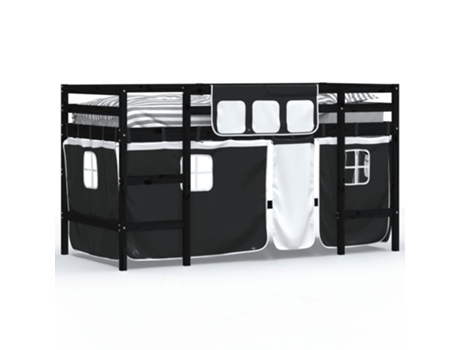 Cama alta niños VIDAXL con cortinas madera pino blanco negro (90x200 cm)