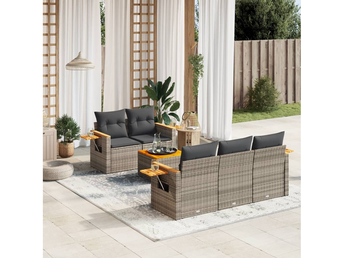 Conjunto de sofá de jardín de 6 piezas con cojines de mimbre gris, Dkd Home Decor