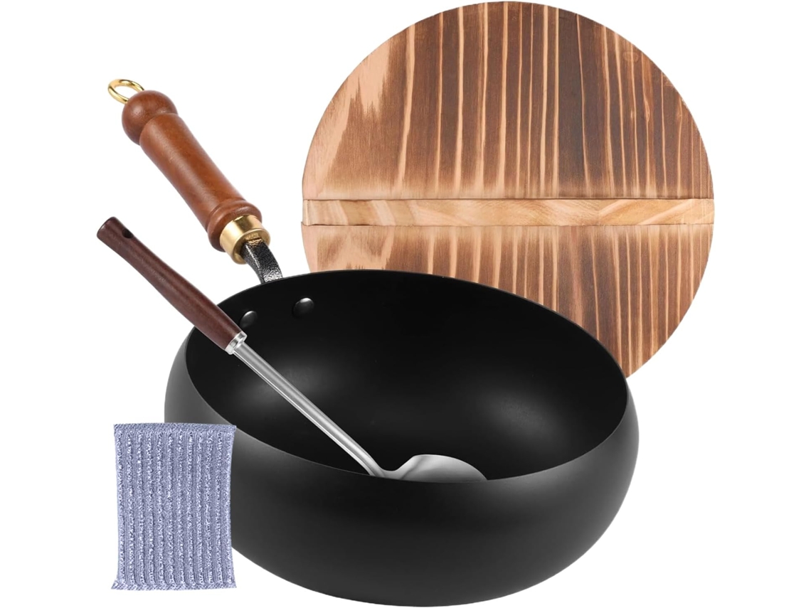 Sartén japonesa de hierro fundido Slowmoose de 24 cm, con tapa de madera.