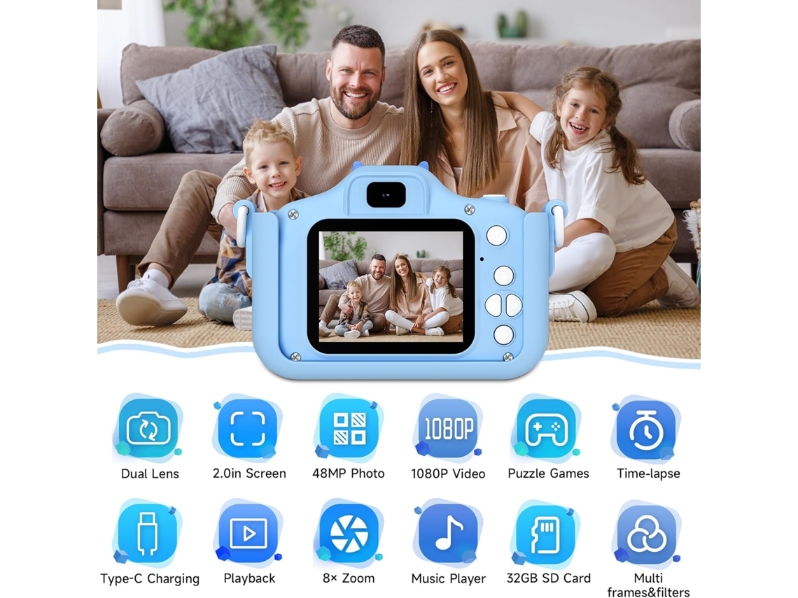 Cámara digital para niños HD 1080p, 32 GB, con funda de silicona suave con dibujos animados, color azul Yemaesre