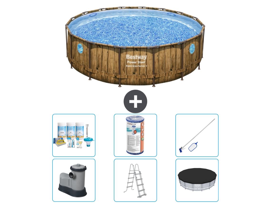 Piscina BESTWAY Round Power Steel Swim Vista - Impresión en madera - 488 x 122 - Incluye bomba - Escalera - Cubierta Accesorios CB32