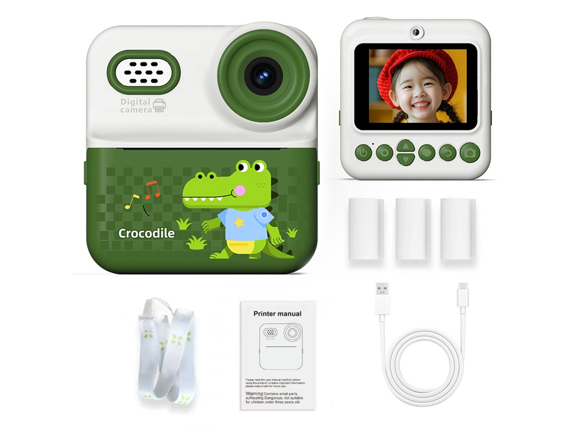Cámara infantil modelo 2026, cocodrilo verde, doble cámara HD, tarjeta imprimible de 64 GB + lector de tarjetas YUNZII (con 4 rollos de papel de colores).