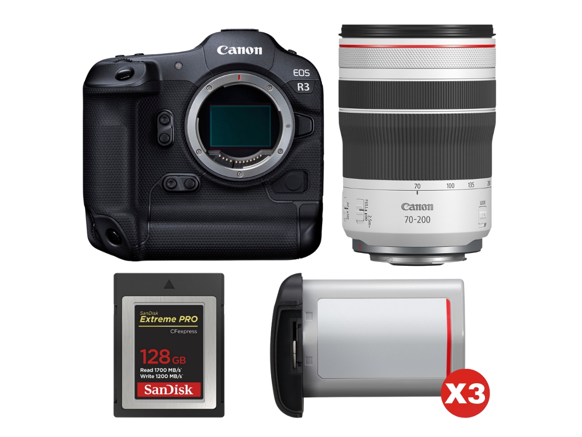 Canon Eos R3 + Rf 70-200mm F/4 L Is Usm + 1 Sandisk 128gb Extreme Pro Cfexpress Type B + 3 Canon Lp-e19 + Ebook “20 Consejos Para Fotos Que Impactan”