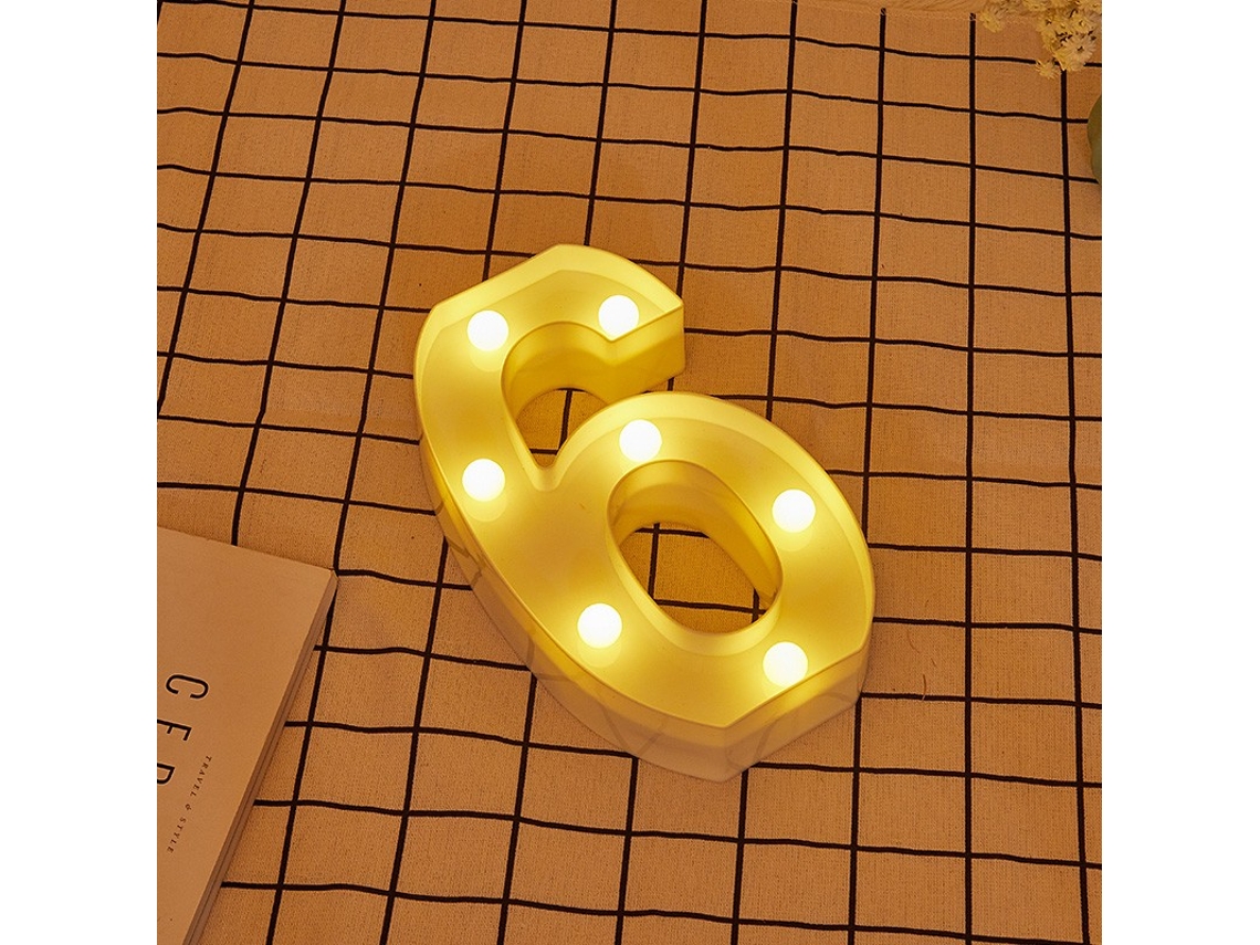 Letra LED 6 Número Iluminado con Luz Blanca Cálida, Altura 22cm, Funcionamiento a Pilas 2*AA