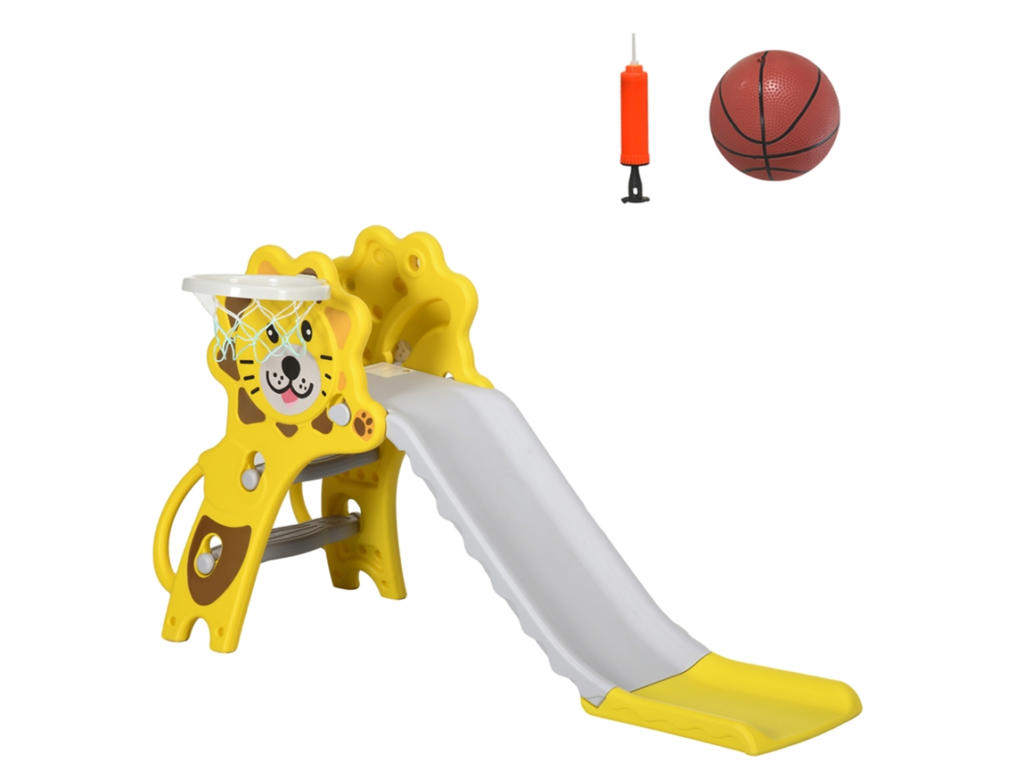Tobogán Infantil Con 2 Escaleras, Aro De Baloncesto, Estampado De León, 131x50x74cm, Amarillo Y Gris.